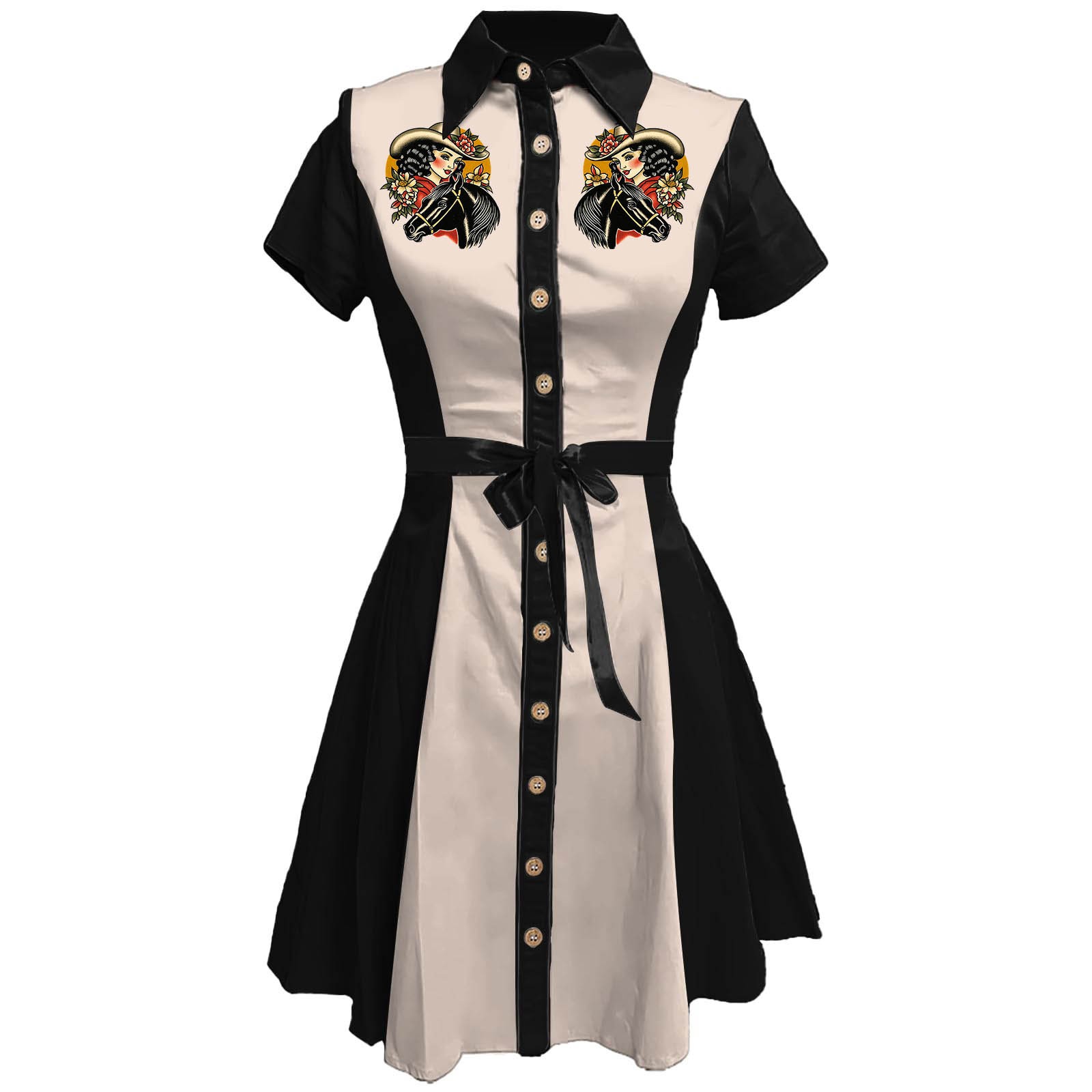 thumbnail image 4 of Vestido camisero vintage para mujer con estampado floral western: botones, corte A, cintura elástica, vestido midi retro de verano., 4 of 4
